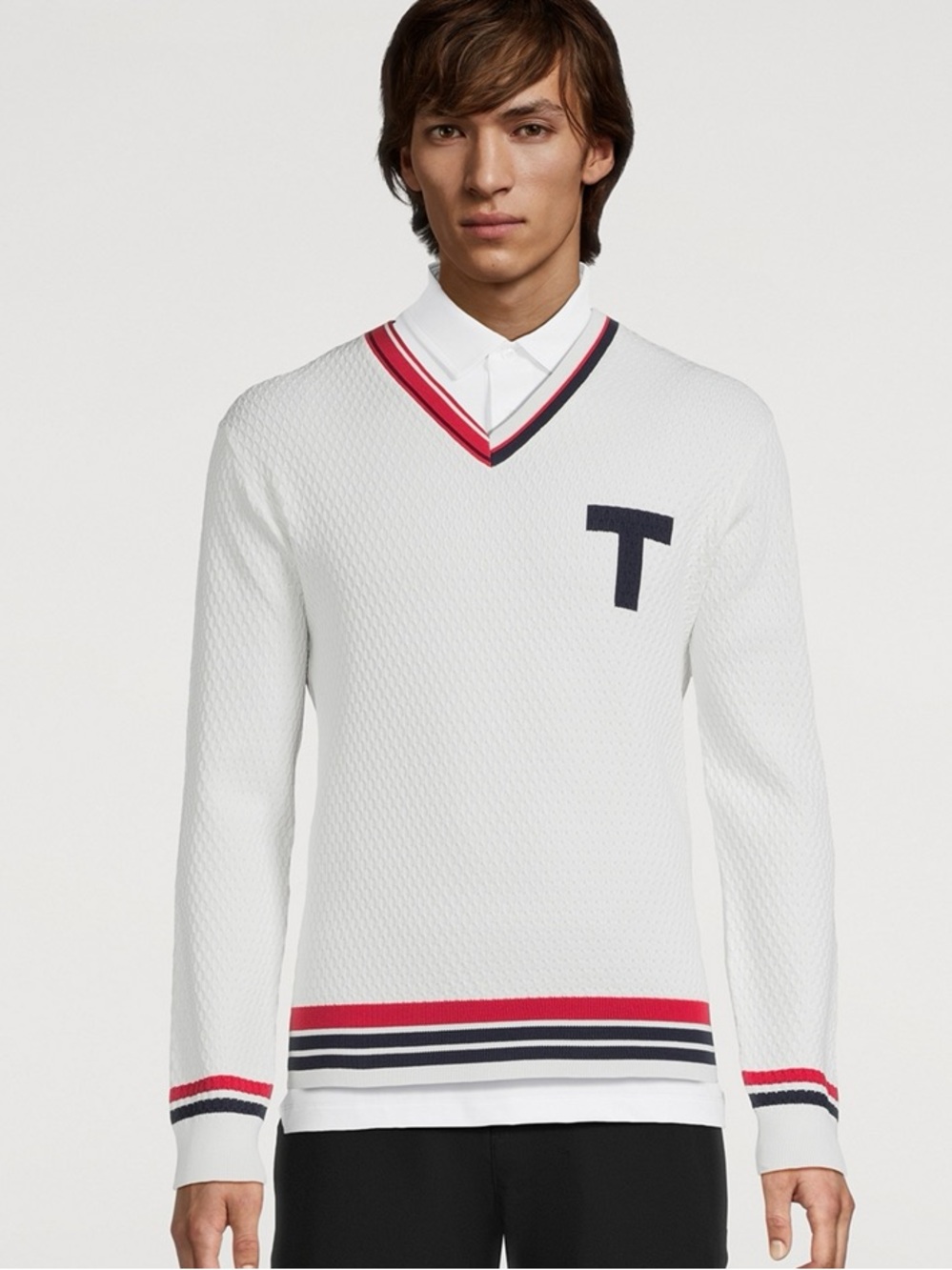 Men's White V-Neck Sweater with Red and Navy Stripe Accents